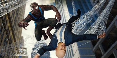 Peter Parker, wearing the Spider-Man "Spider-Verse" suit, swings through the city while webbing up a bald man in a suit, suspending him between skyscrapers.