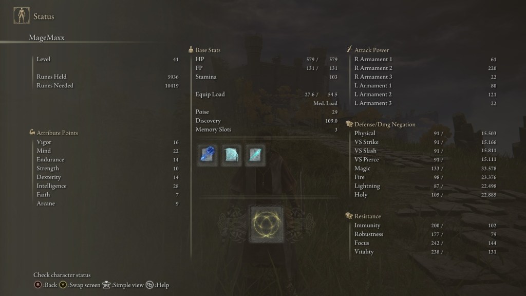 Elden Ring character status screen showing level 41 mage build with high Intelligence and Mind stats
