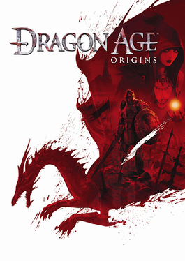 Cover art of Dragon Age: Origins featuring a warrior standing amidst a crimson battlefield, with a dragon silhouette forming the background.