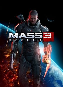 Cover art of Mass Effect 3 featuring Commander Shepard standing against a backdrop of Earth under siege, armed with a futuristic weapon and glowing Omni-Blade.