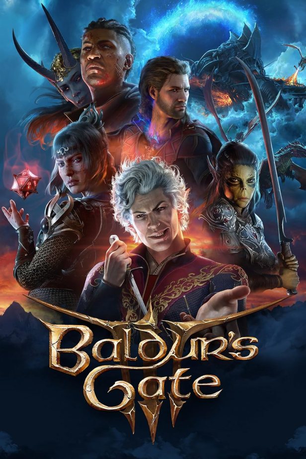 Cover art of Baldur’s Gate 3 featuring key characters against a dark fantasy backdrop with a dragon looming in the background.