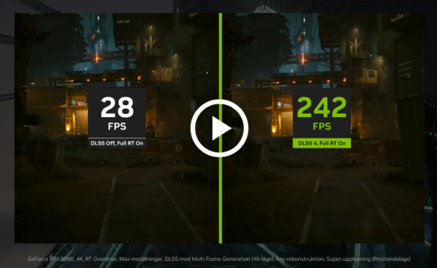 Cyberpunk 2077 performance comparison: 28 FPS without DLSS vs. 242 FPS with DLSS 4 and full ray tracing on RTX 5090