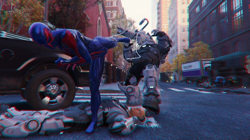 Spider-Man 2099 Black Suit performing a high kick on an armored enemy in Marvel’s Spider-Man Remastered, with a defeated foe on the ground.