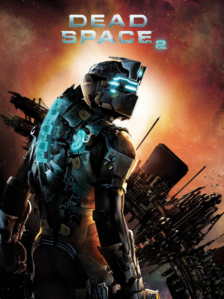 A futuristic soldier, Isaac Clarke, in an advanced armored suit with glowing blue lights, stands against a dark, space-station backdrop with a fiery cosmic glow. The title Dead Space 2 appears at the top