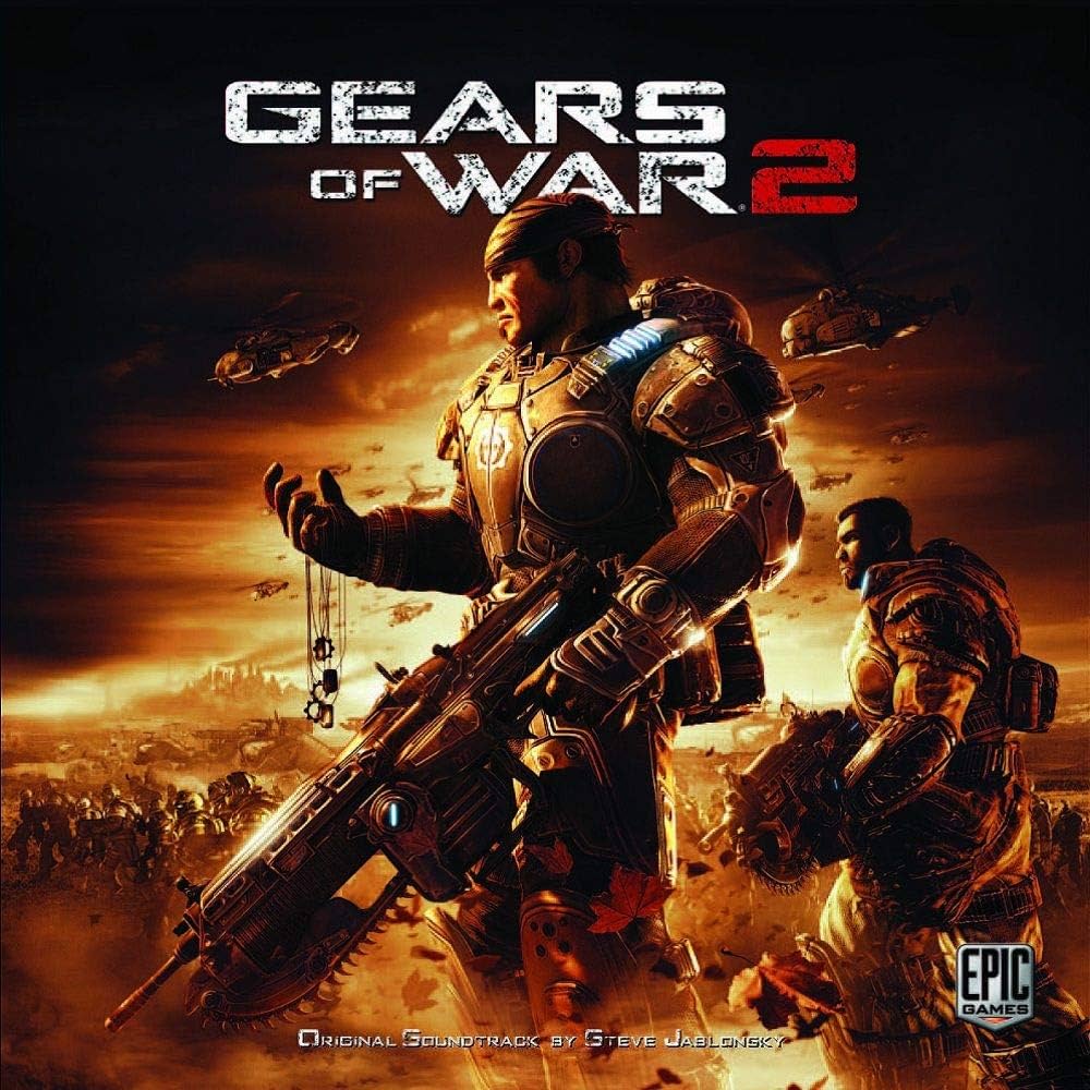 A heavily armored soldier, Marcus Fenix, grips a Lancer assault rifle with a chainsaw bayonet, standing amid a war-torn battlefield with explosions and enemy forces in the background. The title Gears of War 2 is displayed prominently.