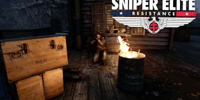 A soldier crouching near a burning barrel, aiming his sniper rifle in a dark, rain-soaked wooden outpost in Sniper Elite: Resistance. The game logo is displayed in the top-right corner.
