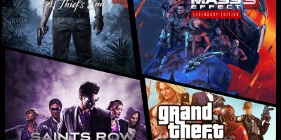 A collage of four third-person shooter games: Uncharted 4, Mass Effect 3, Saints Row: The Third, and Grand Theft Auto V, showcasing their cover art and main characters