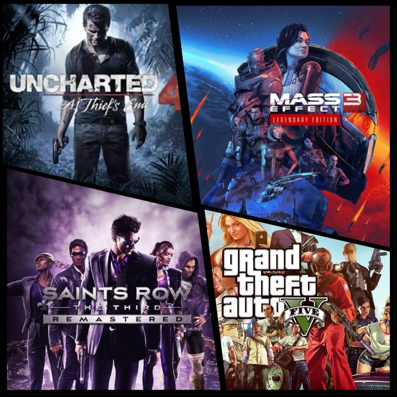 A collage of four third-person shooter games: Uncharted 4, Mass Effect 3, Saints Row: The Third, and Grand Theft Auto V, showcasing their cover art and main characters