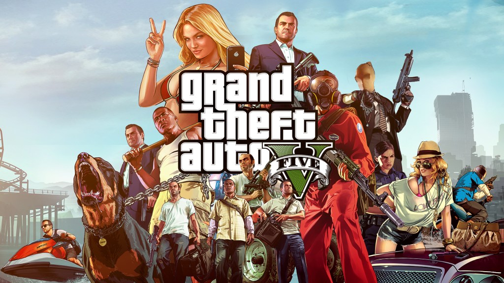 A vibrant collage featuring the three main protagonists of Grand Theft Auto V—Michael, Franklin, and Trevor—alongside various action-packed elements, including heists, car chases, and a snarling Rottweiler, with the title Grand Theft Auto V prominently displayed in the center.