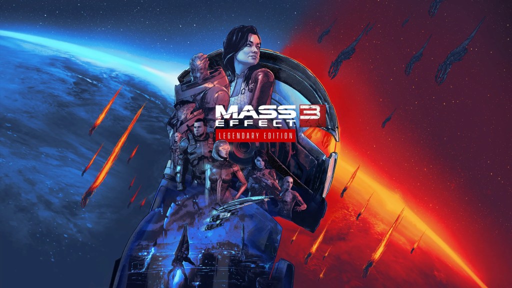 A stunning and dramatic poster for Mass Effect Legendary Edition, featuring Commander Shepard alongside iconic squadmates against a backdrop of space and the looming Reaper threat. The image highlights the epic sci-fi adventure and emotional storytelling of the beloved trilogy.