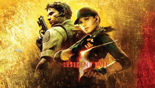 A promotional image for Resident Evil 5 featuring Chris Redfield and Jill Valentine, both armed and ready for action, against a fiery background.