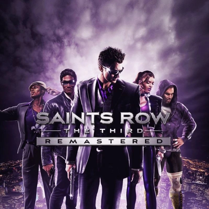 A stylish, action-packed poster of Saints Row: The Third Remastered, featuring the main characters of the Third Street Saints dressed in flashy outfits, armed with weapons, and standing against a dramatic purple-lit cityscape.
