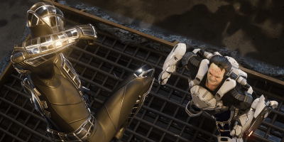 Spider-Man in a Silver Armored suit fights Hammerhead in Marvel’s Spider-Man Remastered DLC: Silver Lining.