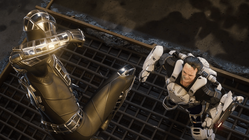 Spider-Man in a Silver Armored suit fights Hammerhead in Marvel’s Spider-Man Remastered DLC: Silver Lining.