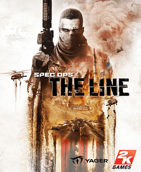 A soldier in desert combat gear, partially obscured by sand and smoke, holds an assault rifle while a devastated city looms in the background. The game's title, Spec Ops: The Line, is prominently displayed.