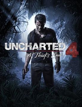 A moody and intense poster of Uncharted 4: A Thief’s End, featuring Nathan Drake standing in a dark jungle, holding a pistol, with a determined look on his face. His clothes are tattered, and rain falls around him, adding to the game’s adventurous and cinematic atmosphere.