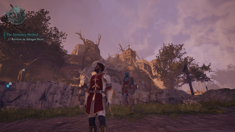 A warrior in red and gold armor stands in front of an ancient ruin in Avowed, accompanied by a blue-skinned companion, with a dramatic purple sky in the background.