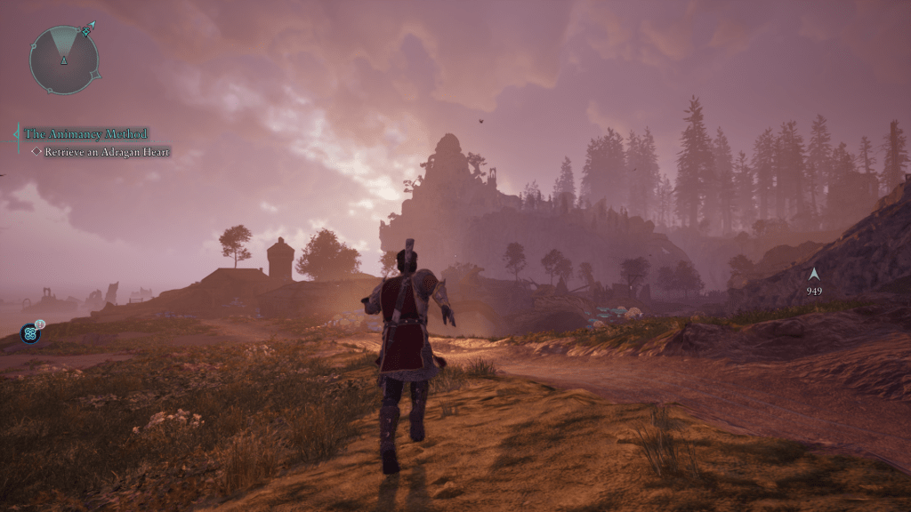 A warrior exploring a stunning landscape at sunset in Avowed, with mountains and ruins in the background.