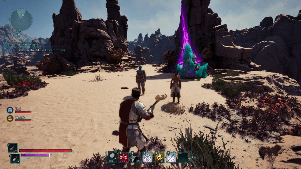 A player character in Avowed approaches two NPCs standing near a glowing purple crystal in a desert canyon environment.