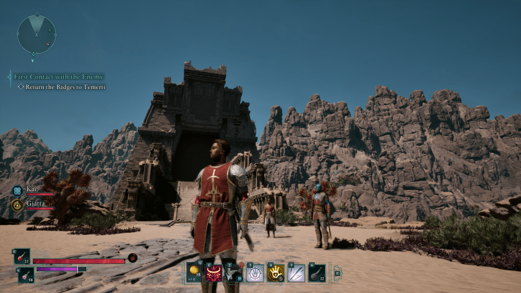 A warrior clad in red and gold armor stands in front of an ancient temple in the desert region of Avowed. Towering rocky cliffs and companions, including a blue-skinned character, add to the immersive setting.