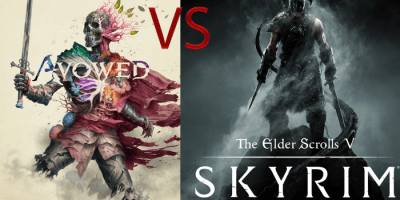 A split image comparing Avowed and Skyrim. On the left, a skeletal figure with floral elements and a sword, representing Avowed. On the right, a warrior figure in armor against a snowy backdrop, representing Skyrim. The text "VS" is prominently displayed in the center.