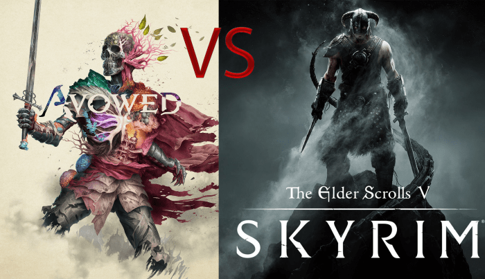 A split image comparing Avowed and Skyrim. On the left, a skeletal figure with floral elements and a sword, representing Avowed. On the right, a warrior figure in armor against a snowy backdrop, representing Skyrim. The text "VS" is prominently displayed in the center.