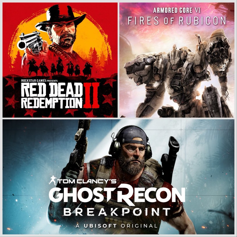 A collage of three video game cover images featuring Red Dead Redemption 2, Armored Core VI: Fires of Rubicon, and Tom Clancy's Ghost Recon: Breakpoint.
