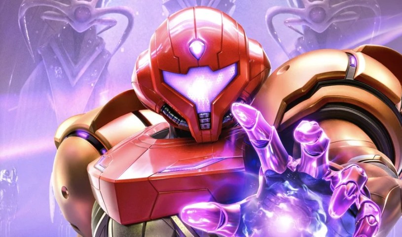 Samus Aran in Power Suit holding a glowing energy sphere, featured in Metroid Prime 4 gameplay for Nintendo Switch 2.