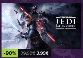 Cover art of Star Wars Jedi: Fallen Order featuring Cal Kestis wielding a blue lightsaber with stormtroopers and spaceships in the background.