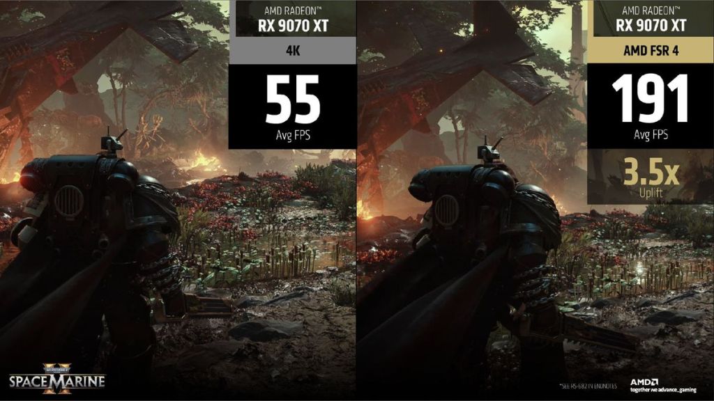 AMD Radeon RX 9070 XT performance comparison: 55 FPS in 4K vs. 191 FPS with AMD FSR 4, showing a 3.5x uplift in Space Marine 2