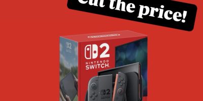 Nintendo Switch 2 console packaging with a "Cut the price!" banner