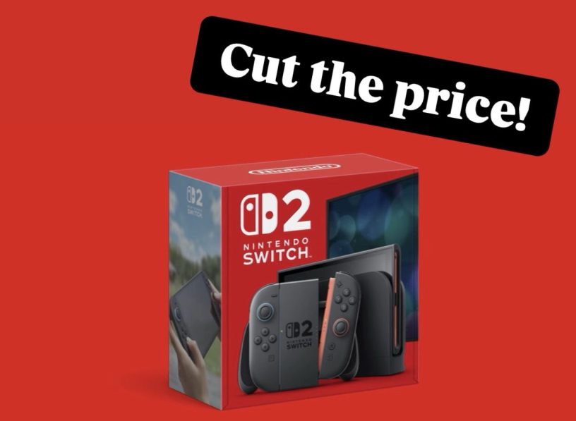Nintendo Switch 2 console packaging with a "Cut the price!" banner