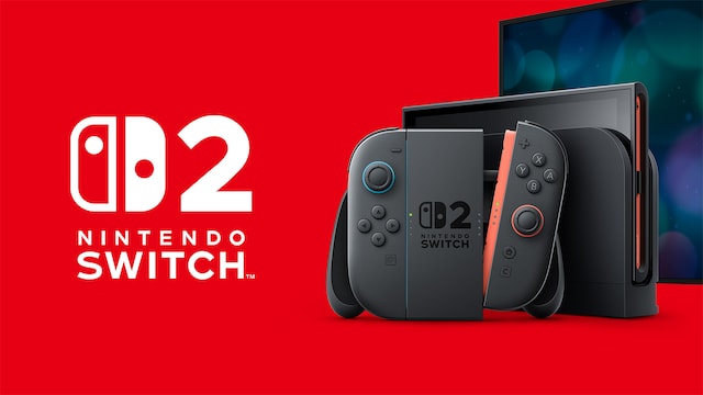 Official promotional image of the Nintendo Switch 2 console and Joy-Con controllers on a red background