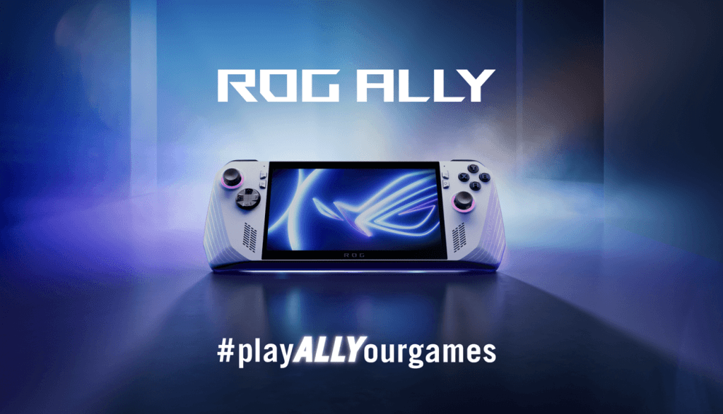 Promotional image of the ASUS ROG Ally handheld gaming console with glowing controls, showcased under futuristic lighting with the slogan “#playALLYourgames”