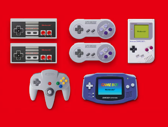 Classic Nintendo controllers and handheld consoles representing retro gaming eras.