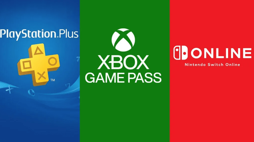 Logos of PlayStation Plus, Xbox Game Pass, and Nintendo Switch Online side by side.