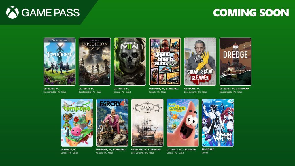 Upcoming games coming to Xbox Game Pass across Standard, PC, and Ultimate tiers.