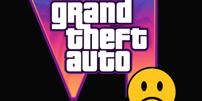 GTA VI logo with vibrant purple, pink, and orange gradient background and a yellow sad face icon.