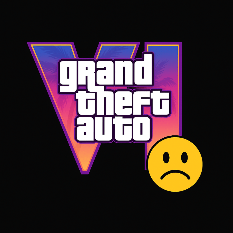 GTA VI logo with vibrant purple, pink, and orange gradient background and a yellow sad face icon.
