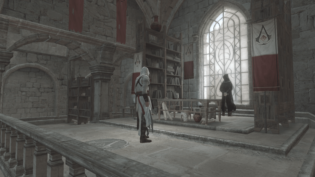 Altaïr standing before Al Mualim in a stone library hall adorned with Assassin banners.