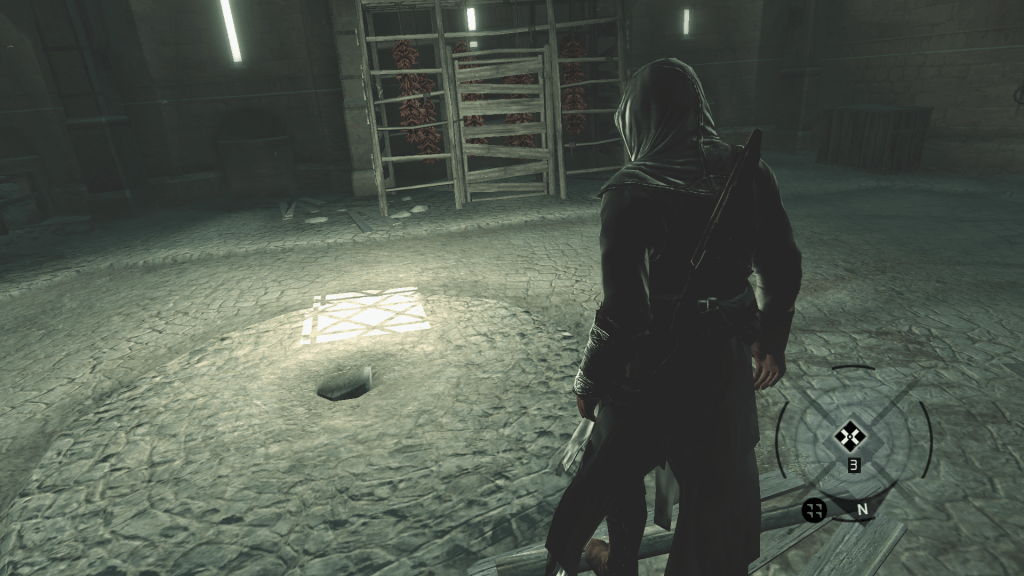 Altaïr standing in a dimly lit courtyard with a sword on his back, observing his surroundings.