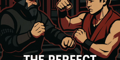 Stylized illustration of two fighters clashing in front of a Japanese temple, inspired by Sifu game art style.