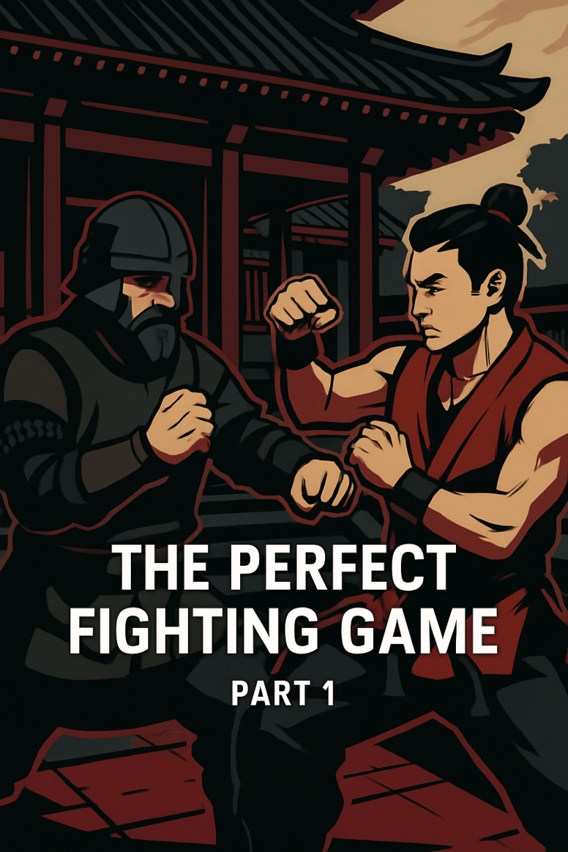 Stylized illustration of two fighters clashing in front of a Japanese temple, inspired by Sifu game art style.