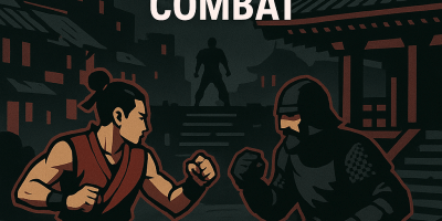 Stylized illustration of two fighters facing off at night in an ancient temple courtyard with a cityscape in the background.