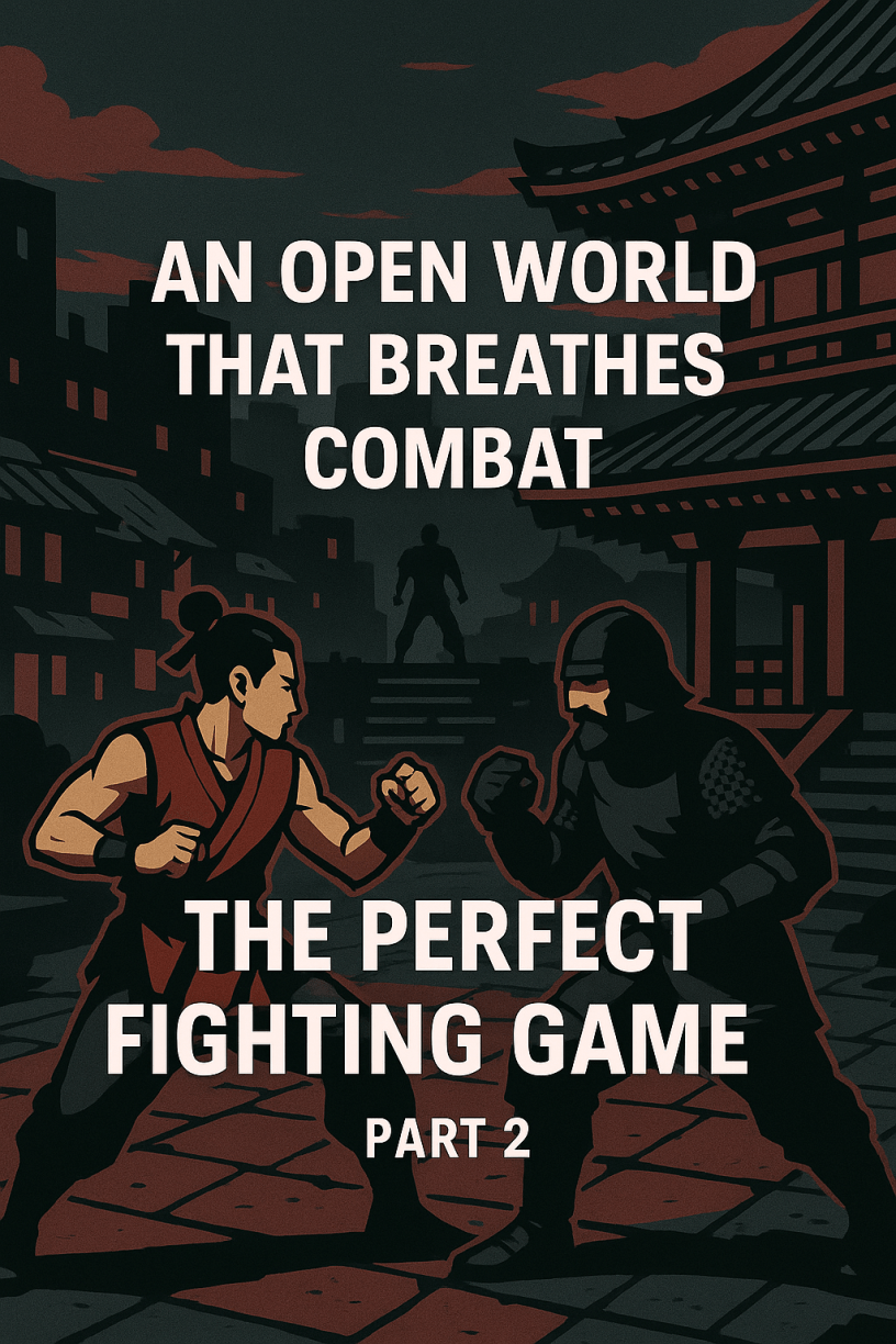 Stylized illustration of two fighters facing off at night in an ancient temple courtyard with a cityscape in the background.