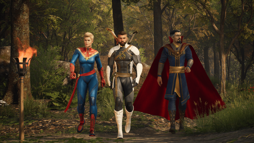 Three Marvel superheroes—Captain Marvel, Hunter, and Doctor Strange—walking through a forest in Marvel’s Midnight Suns.