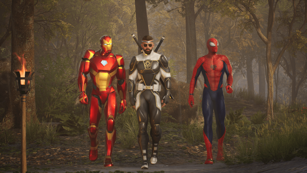 Iron Man, the customizable hero Hunter, and Spider-Man walk side by side through a forest near the Abbey in Marvel’s Midnight Suns.