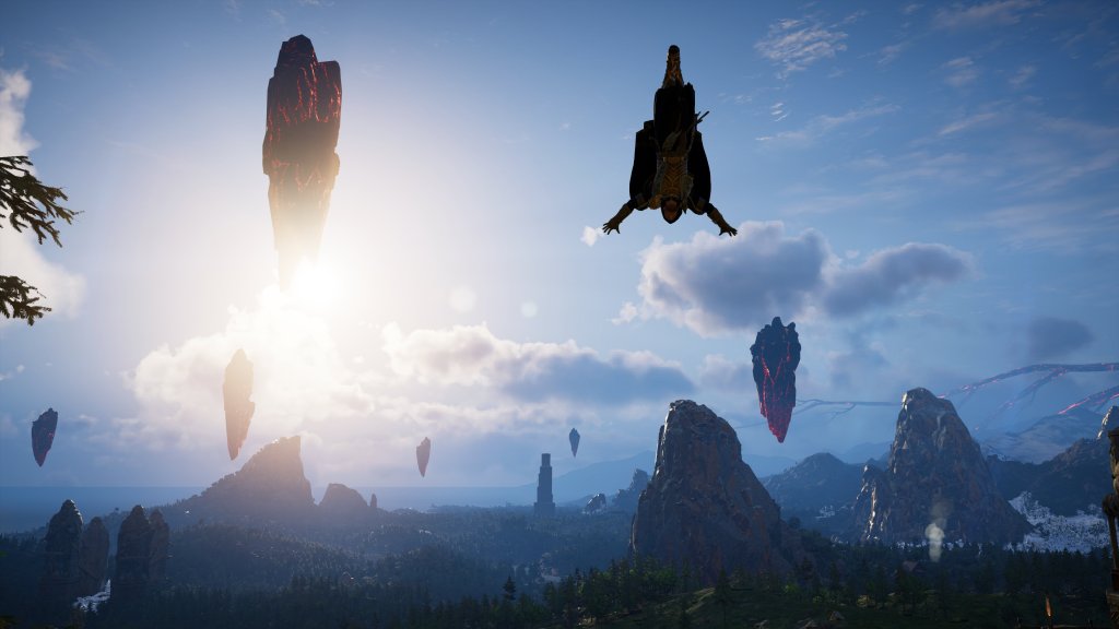 A character performs a mid-air dive in Svartalfheim, surrounded by floating volcanic rock formations under a bright sun and blue sky.