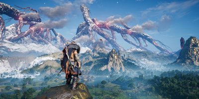Eivor stands on a cliff in Svartalfheim, gazing at a surreal landscape with glowing tree-like mountain structures under a bright blue sky.