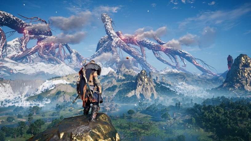 Eivor stands on a cliff in Svartalfheim, gazing at a surreal landscape with glowing tree-like mountain structures under a bright blue sky.